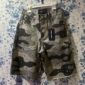 Homme + Femme Gray Camouflage Studded Jean Shorts